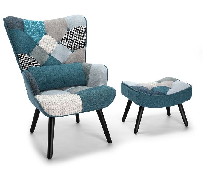 Sillón patchwork escandinavo con reposapiés y cojín lumbar