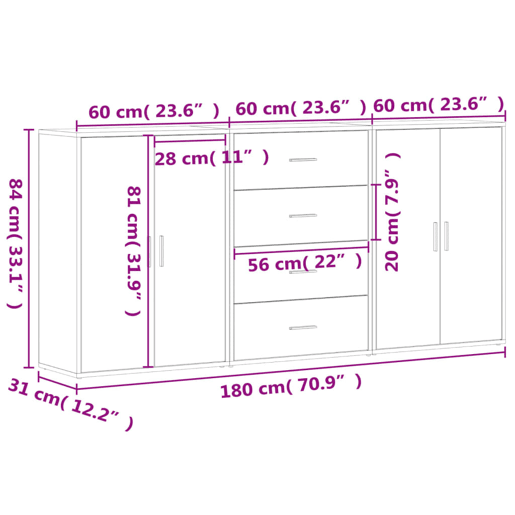 vidaXL Aparadores 3 pcs 60x31x84 cm derivados madeira carvalho fumado