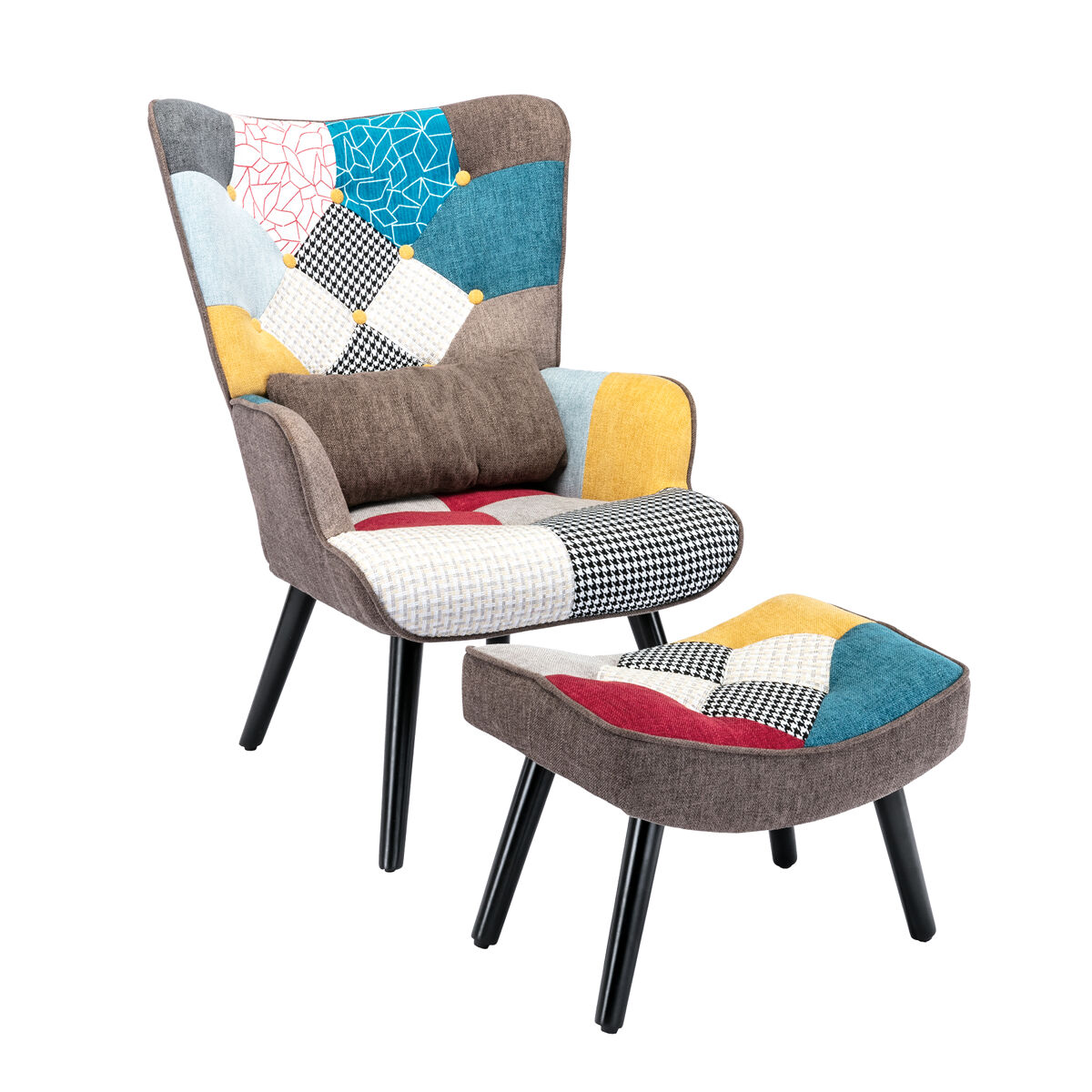 Sillón patchwork escandinavo con reposapiés y cojín lumbar