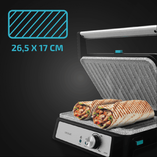Cecotec Prancha elétrica Rock'nGrill 1500 Take&Clean Stone com revestimento RockStone, placas desmontáveis e aptas para máquina da louça, abertura 180º e placa superior flutuante.