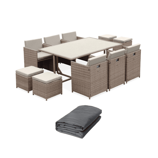 Mesa de jardim em resina com 10 cadeiras + capa de proteção, Vabo 10 + cobertura, Beige, 110x168x73 cm