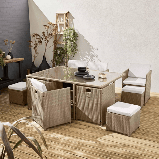 Mesa de jardim em resina com 10 cadeiras + capa de proteção, Vabo 10 + cobertura, Beige, 110x168x73 cm