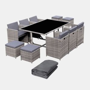 Mesa de jardim em resina com 10 cadeiras + capa de proteção, Vabo 10 + cobertura, Tons de cinza, 110x168x73 cm
