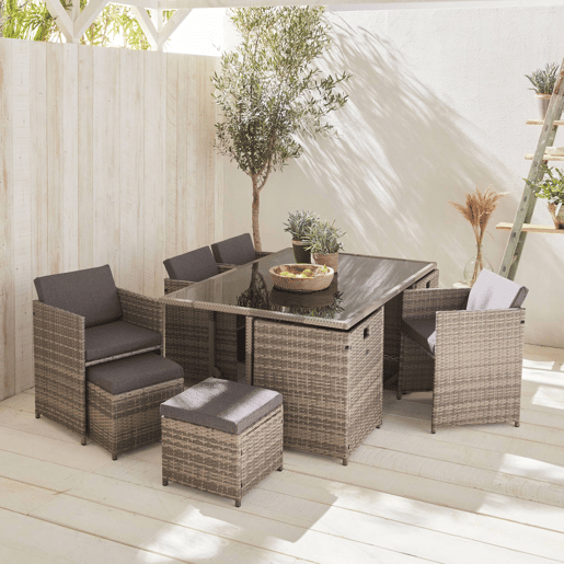 Mesa de jardim em resina com 10 cadeiras + capa de proteção, Vabo 10 + cobertura, Tons de cinza, 110x168x73 cm