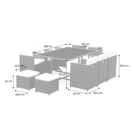 Mesa de jardim em resina com 10 cadeiras + capa de proteção, Vabo 10 + cobertura, Tons de cinza, 110x168x73 cm