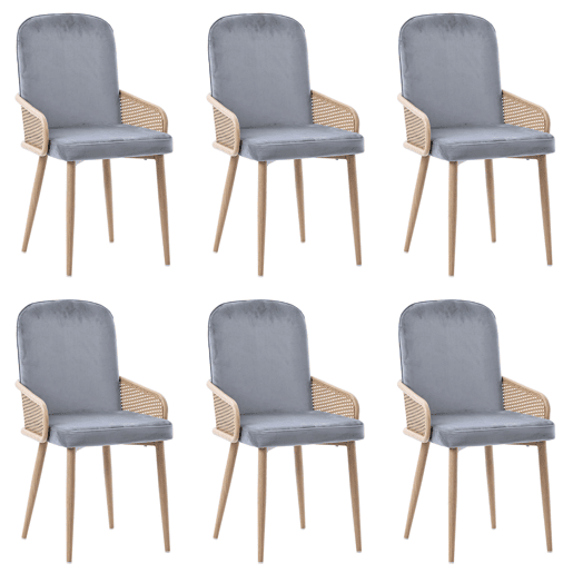 Conjunto de 6 cadeiras de veludo com braços de rotim - 4 pés de metal natural - Cinzento