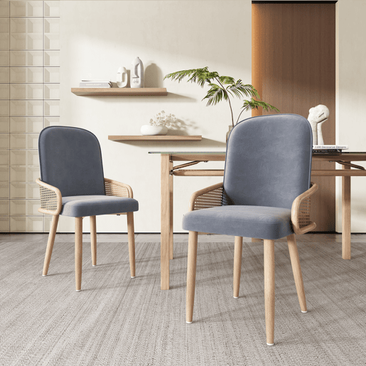 Conjunto de 6 cadeiras de veludo com braços de rotim - 4 pés de metal natural - Cinzento