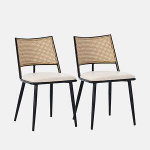 Conjunto de 2 cadeiras de jantar com almofada em pele sintética e encosto em PE rattan - Preto