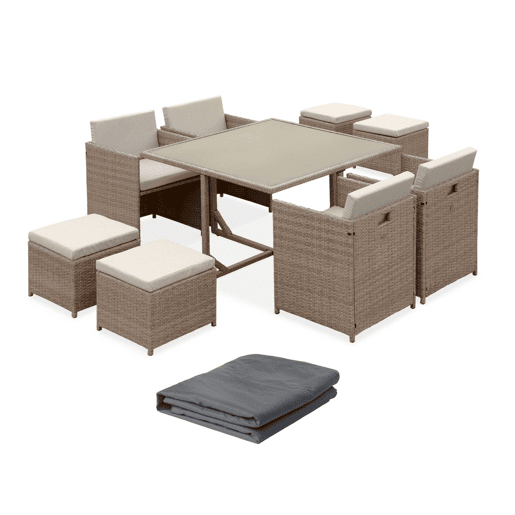 Mesa de jardim 4-8 lugares + capa de proteção, Vabo 8 + cobertura, Beige, 110x110x73 cm