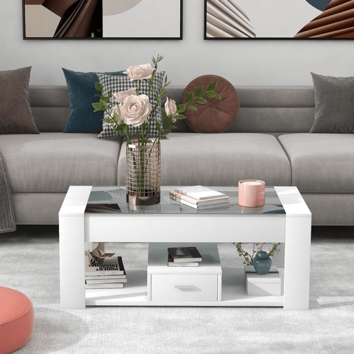 Mesa de centro retangular de painel de partÃculas com 1 gaveta,branco Mesa de centro retangular de painel de partÃculas com 1 gaveta,branco