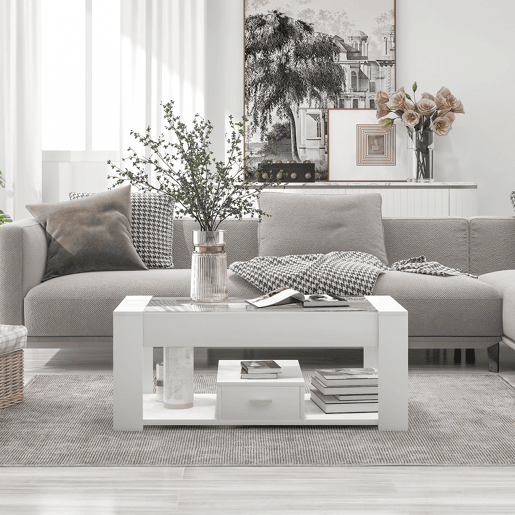 Mesa de centro retangular de painel de partÃculas com 1 gaveta,branco Mesa de centro retangular de painel de partÃculas com 1 gaveta,branco