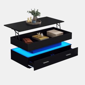 Mesa de centro elevável retangular de painel de partículas com 2 gavetas e luz led,preto