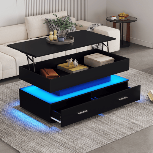 Mesa de centro elevável retangular de painel de partículas com 2 gavetas e luz led,preto Mesa de centro elevável retangular de painel de partículas com 2 gavetas e luz led,preto