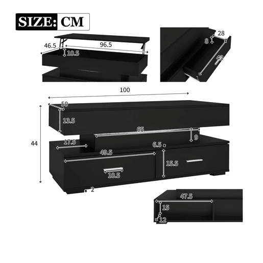 Mesa de centro elevável retangular de painel de partículas com 2 gavetas e luz led,preto Mesa de centro elevável retangular de painel de partículas com 2 gavetas e luz led,preto