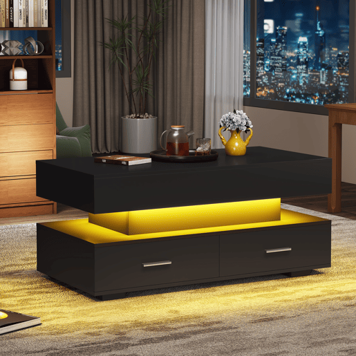 Mesa de centro elevável retangular de painel de partículas com 2 gavetas e luz led,preto Mesa de centro elevável retangular de painel de partículas com 2 gavetas e luz led,preto