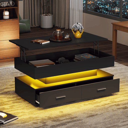 Mesa de centro elevável retangular de painel de partículas com 2 gavetas e luz led,preto Mesa de centro elevável retangular de painel de partículas com 2 gavetas e luz led,preto