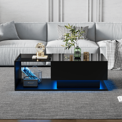 Mesa de centro retangular de painel de partÃculas com 1 gaveta e luz LED,preto Mesa de centro retangular de painel de partÃculas com 1 gaveta e luz LED,preto