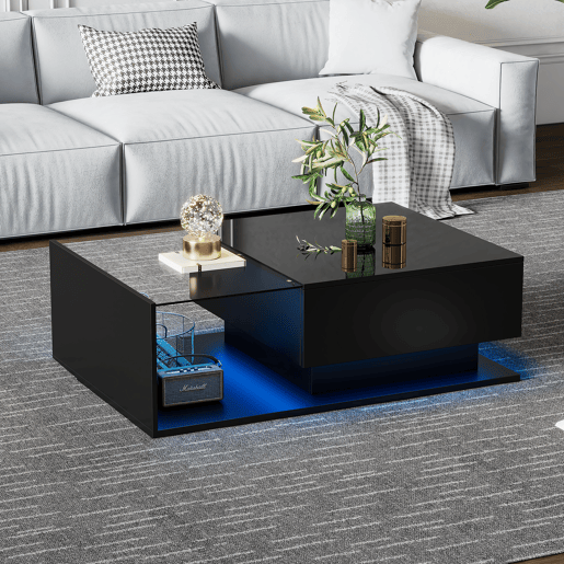 Mesa de centro retangular de painel de partÃculas com 1 gaveta e luz LED,preto Mesa de centro retangular de painel de partÃculas com 1 gaveta e luz LED,preto