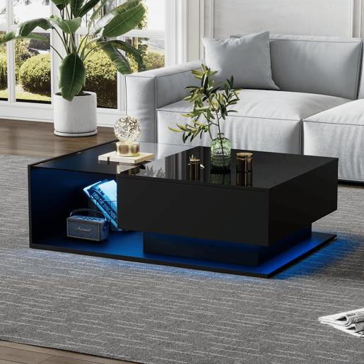 Mesa de centro retangular de painel de partÃculas com 1 gaveta e luz LED,preto Mesa de centro retangular de painel de partÃculas com 1 gaveta e luz LED,preto