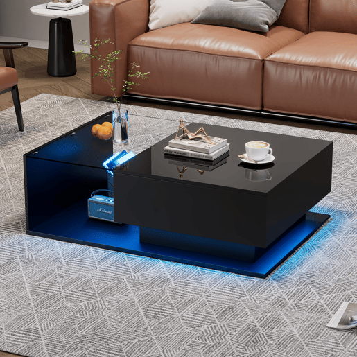 Mesa de centro retangular de painel de partÃculas com 1 gaveta e luz LED,preto Mesa de centro retangular de painel de partÃculas com 1 gaveta e luz LED,preto