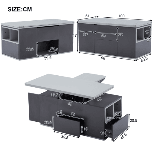 Mesa de centro elevável retangular de painel de partículas,cinzento Mesa de centro elevável retangular de painel de partículas,cinzento