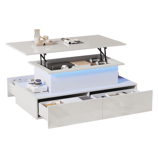Mesa de centro elevável retangular de painel de partículas com 4 gavetas e luz led,branco Mesa de centro elevável retangular de painel de partículas com 4 gavetas e luz led,branco