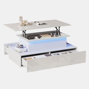 Mesa de centro elevável retangular de painel de partículas com 4 gavetas e luz led,branco