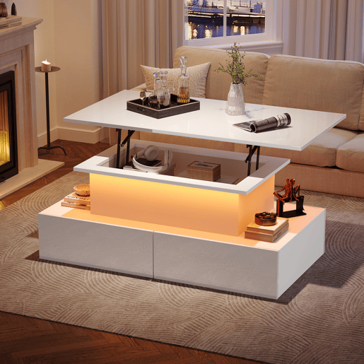 Mesa de centro elevável retangular de painel de partículas com 4 gavetas e luz led,branco Mesa de centro elevável retangular de painel de partículas com 4 gavetas e luz led,branco