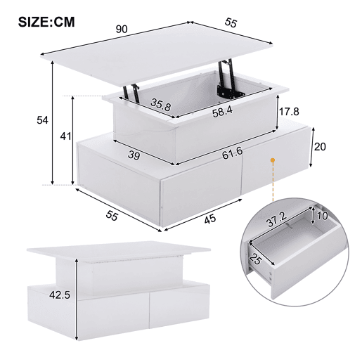 Mesa de centro elevável retangular de painel de partículas com 4 gavetas e luz led,branco Mesa de centro elevável retangular de painel de partículas com 4 gavetas e luz led,branco
