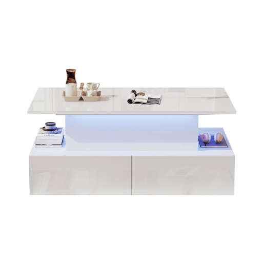 Mesa de centro elevável retangular de painel de partículas com 4 gavetas e luz led,branco Mesa de centro elevável retangular de painel de partículas com 4 gavetas e luz led,branco