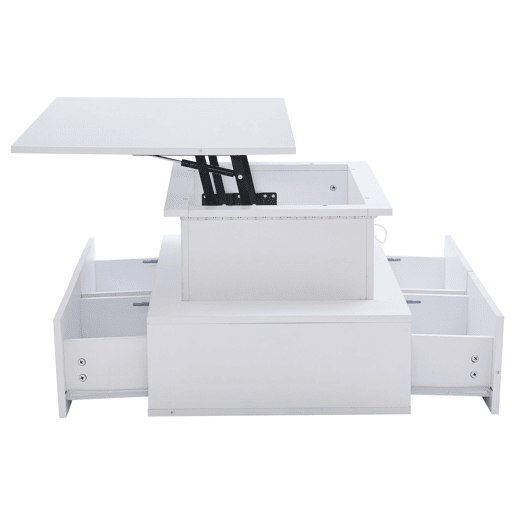Mesa de centro elevável retangular de painel de partículas com 4 gavetas e luz led,branco Mesa de centro elevável retangular de painel de partículas com 4 gavetas e luz led,branco