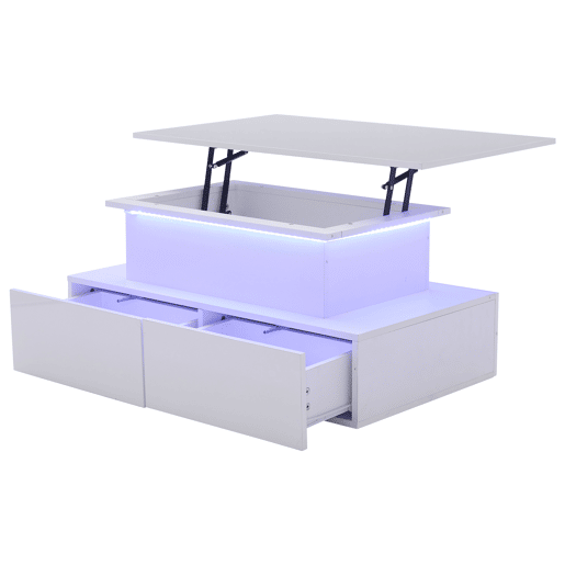 Mesa de centro elevável retangular de painel de partículas com 4 gavetas e luz led,branco Mesa de centro elevável retangular de painel de partículas com 4 gavetas e luz led,branco