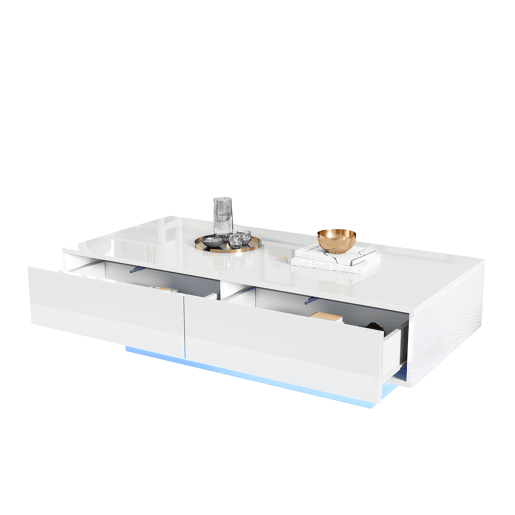 Mesa de centro retangular de painel de partículas com 2 gavetas e luz led,branco Mesa de centro retangular de painel de partículas com 2 gavetas e luz led,branco