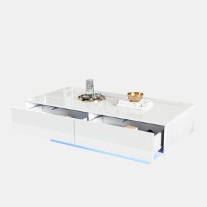 Mesa de centro retangular de painel de partículas com 2 gavetas e luz led,branco