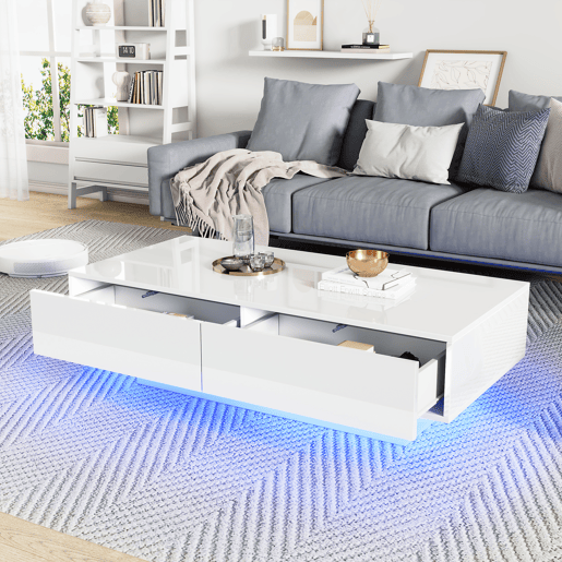 Mesa de centro retangular de painel de partículas com 2 gavetas e luz led,branco Mesa de centro retangular de painel de partículas com 2 gavetas e luz led,branco