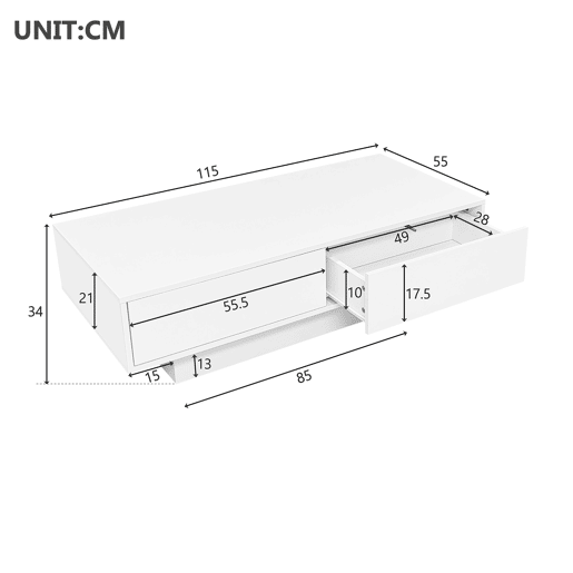 Mesa de centro retangular de painel de partículas com 2 gavetas e luz led,branco Mesa de centro retangular de painel de partículas com 2 gavetas e luz led,branco