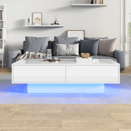 Mesa de centro retangular de painel de partículas com 2 gavetas e luz led,branco Mesa de centro retangular de painel de partículas com 2 gavetas e luz led,branco
