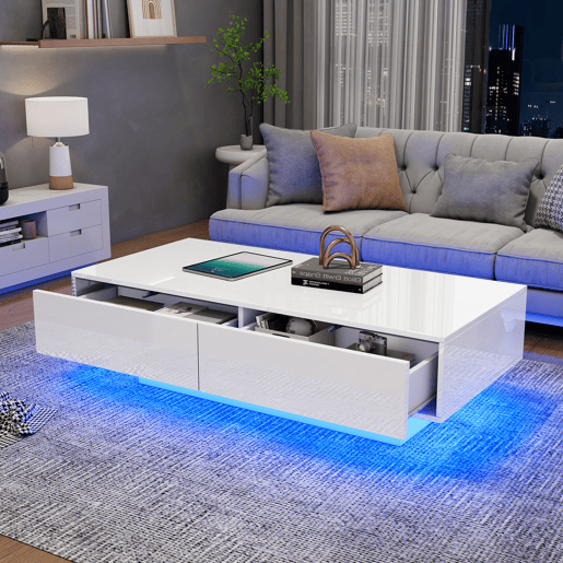 Mesa de centro retangular de painel de partículas com 2 gavetas e luz led,branco Mesa de centro retangular de painel de partículas com 2 gavetas e luz led,branco