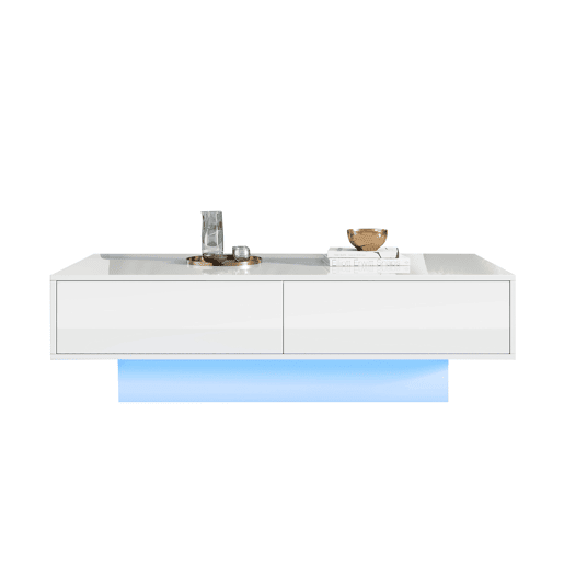 Mesa de centro retangular de painel de partículas com 2 gavetas e luz led,branco Mesa de centro retangular de painel de partículas com 2 gavetas e luz led,branco