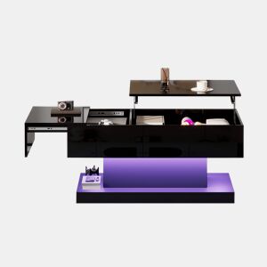 Mesa de centro elevável retangular de painel de partículas com luz led,preto