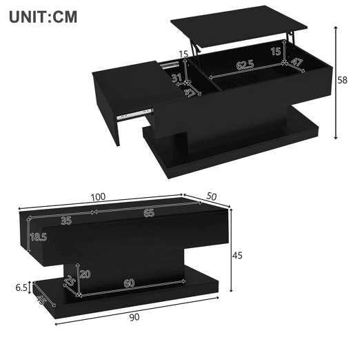 Mesa de centro elevável retangular de painel de partículas com luz led,preto Mesa de centro elevável retangular de painel de partículas com luz led,preto