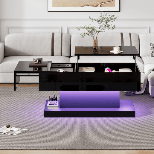 Mesa de centro elevável retangular de painel de partículas com luz led,preto Mesa de centro elevável retangular de painel de partículas com luz led,preto