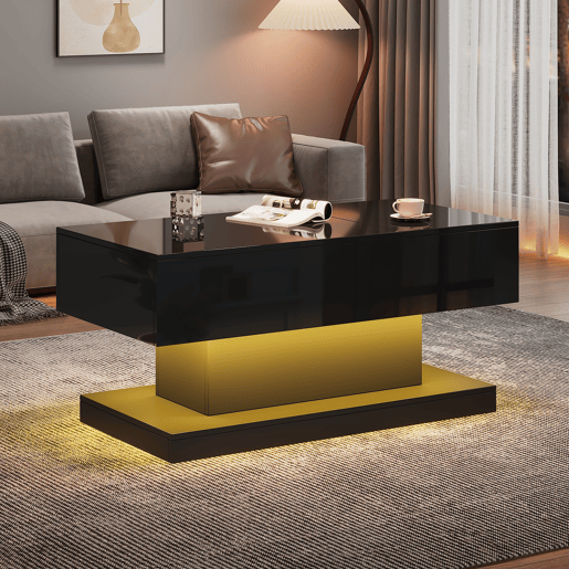 Mesa de centro elevável retangular de painel de partículas com luz led,preto Mesa de centro elevável retangular de painel de partículas com luz led,preto