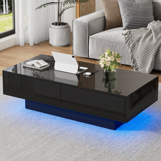 Mesa de centro retangular de painel de partículas com 2 gavetas e luz led,preto