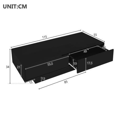 Mesa de centro retangular de painel de partículas com 2 gavetas e luz led,preto
