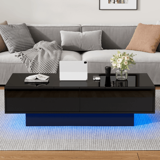 Mesa de centro retangular de painel de partículas com 2 gavetas e luz led,preto