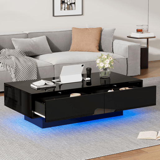 Mesa de centro retangular de painel de partículas com 2 gavetas e luz led,preto