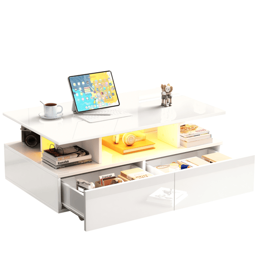 Mesa de centro retangular de painel de partículas com 2 gavetas e luz led,branco Mesa de centro retangular de painel de partículas com 2 gavetas e luz led,branco
