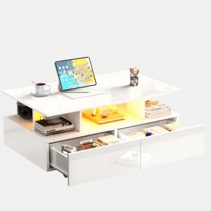 Mesa de centro retangular de painel de partículas com 2 gavetas e luz led,branco