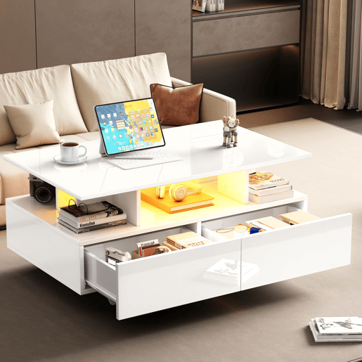 Mesa de centro retangular de painel de partículas com 2 gavetas e luz led,branco Mesa de centro retangular de painel de partículas com 2 gavetas e luz led,branco